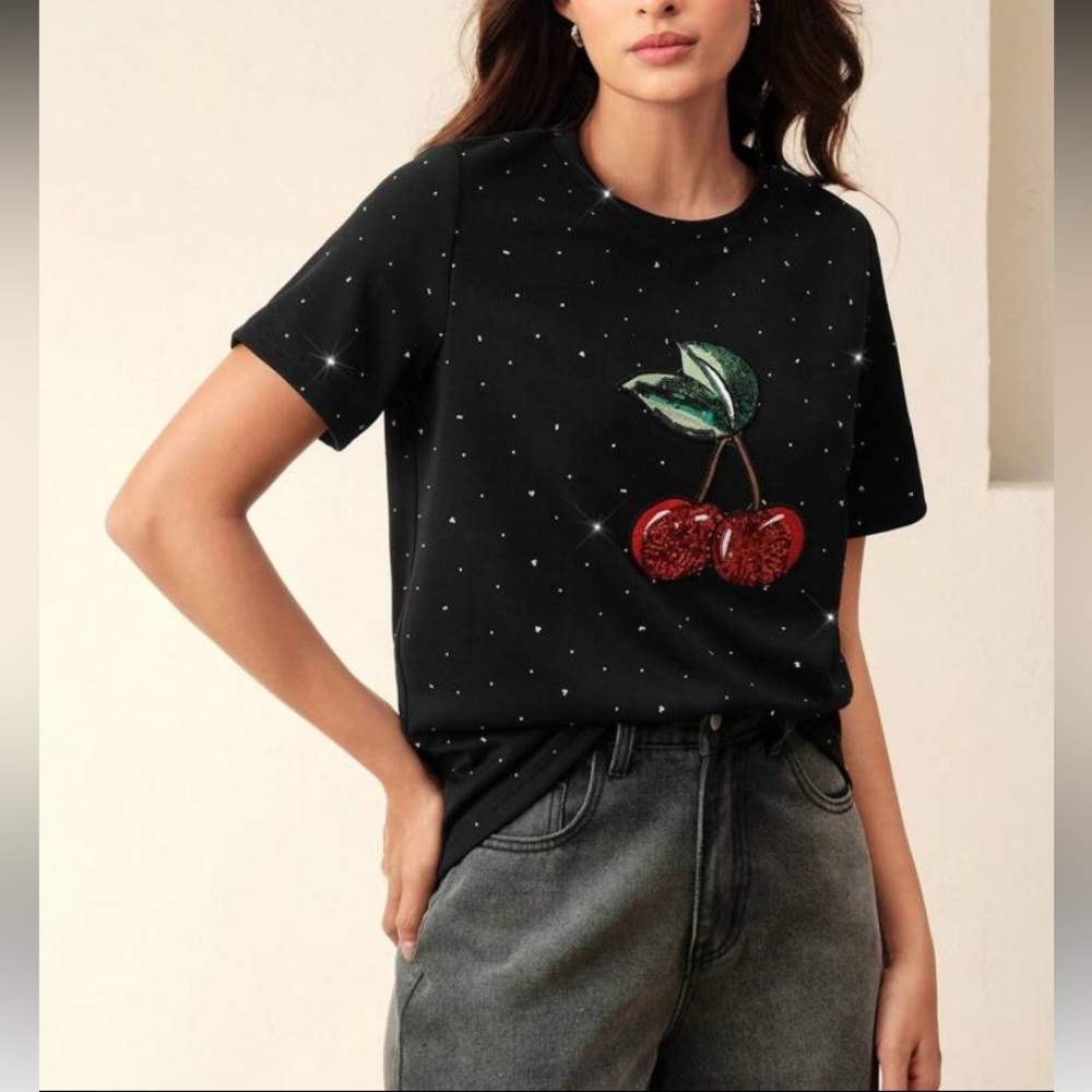 Casual Versatile Rhinestone Embellished Women T-Shirt, New For Summer